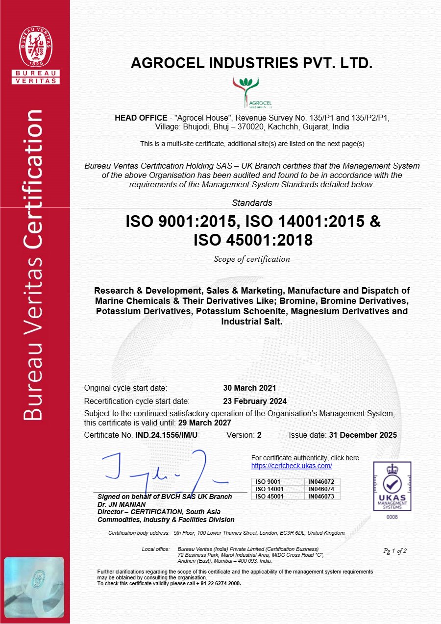 Bureau Veritas ISO 9001, ISO 14001 and ISO 45001 certificate for Agrocel Industries Pvt. Ltd.