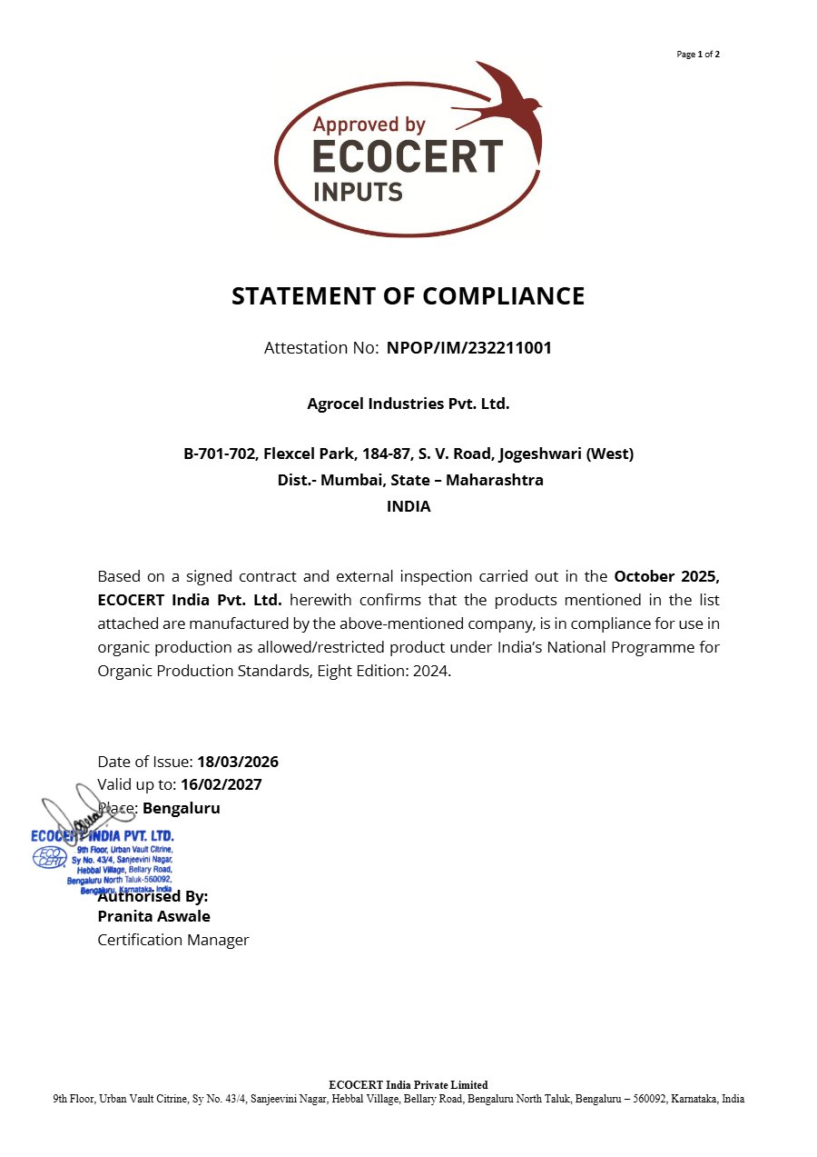 ECOCERT India NPOP statement of compliance for Agrocel Industries Pvt. Ltd.