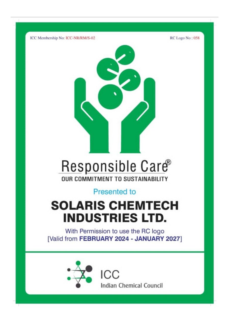 Indian Chemical Council Responsible Care certificate for Solaris Chemtech Industries Ltd.